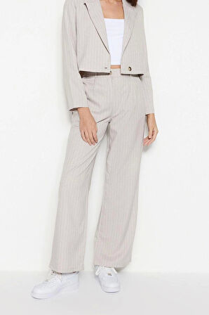 Kadın Yeni Moda Geniş Paça Uzun Boy Dokuma Geniş Paça Wide Leg Çizgili Pantolon