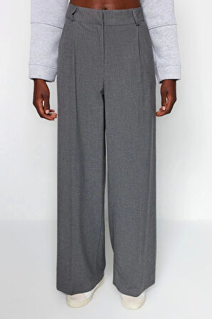 Kadın Yeni Moda Geniş Paça Uzun Boy Dokuma Antrasit Palazzo Extra Geniş Paça Pantolon
