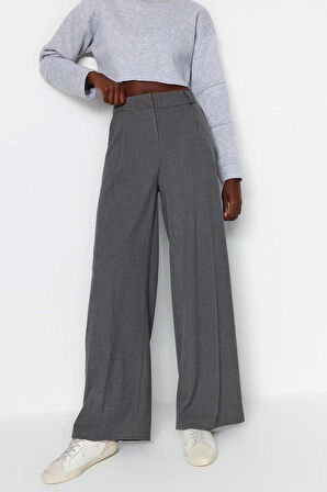 Kadın Yeni Moda Geniş Paça Uzun Boy Dokuma Antrasit Palazzo Extra Geniş Paça Pantolon