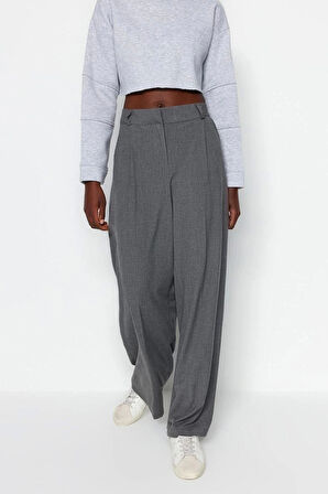 Kadın Yeni Moda Geniş Paça Uzun Boy Dokuma Antrasit Palazzo Extra Geniş Paça Pantolon