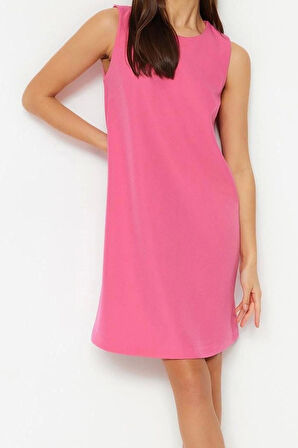 Kadın Moda Şık Mini Boy Bisiklet Yaka Regular Düz Dokuma Elbise