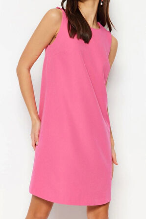 Kadın Moda Şık Mini Boy Bisiklet Yaka Regular Düz Dokuma Elbise