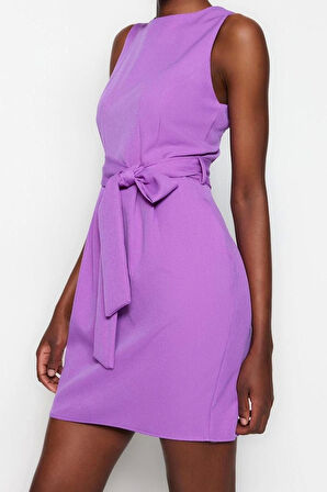 Kadın Moda Şık Mini Boy Bisiklet Yaka Regular Kuşaklı Vücudu Saran Dokuma Elbise