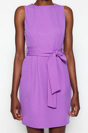 Kadın Moda Şık Mini Boy Bisiklet Yaka Regular Kuşaklı Vücudu Saran Dokuma Elbise