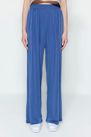 Kadın Yeni Moda Geniş Paça Regular Boy Örme Wide Leg Rahat Kesim Yüksek Bel Esnek Örme Pantolon