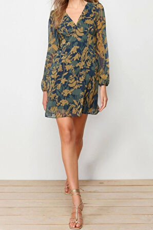 Yeni Regular Gündüz Gece Şifon Dokuma V Yaka Uzun Kol A-Line Mini Boy Elbise