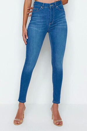Kadın Moda Şık Kot Pantolon Dar Paça Regular Boy Denim Mavi İncelten Etki Yüksek Bel Skinny Jeans