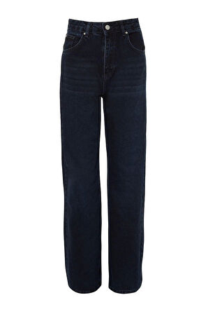 Kadın Moda Şık Kot Pantolon Geniş Paça Uzun Boy Denim Gece Mavisi Yüksek Bel Jeans