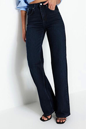 Kadın Moda Şık Kot Pantolon Geniş Paça Uzun Boy Denim Gece Mavisi Yüksek Bel Jeans