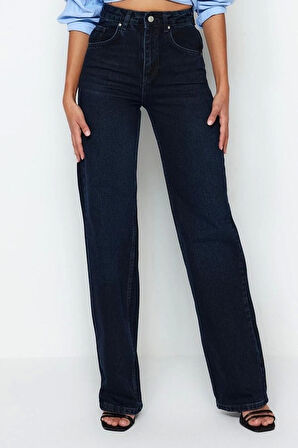 Kadın Moda Şık Kot Pantolon Geniş Paça Uzun Boy Denim Gece Mavisi Yüksek Bel Jeans