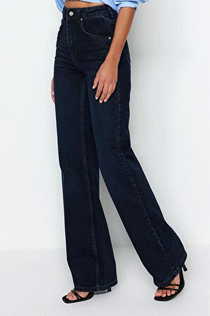 Kadın Moda Şık Kot Pantolon Geniş Paça Uzun Boy Denim Gece Mavisi Yüksek Bel Jeans