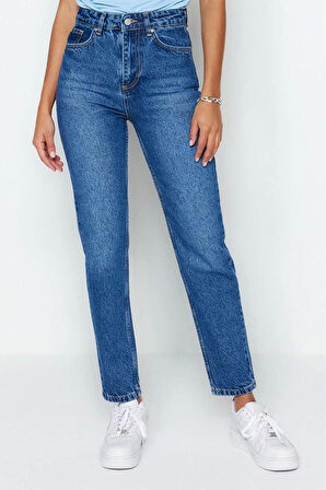 Kadın Moda Şık Kot Pantolon Geniş Paça Regular Boy Denim Yüksek Bel Mom Jeans