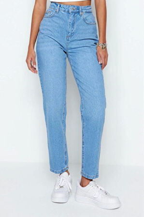 Kadın Moda Şık Kot Pantolon Geniş Paça Uzun Boy Denim Yüksek Bel Mom Jeans