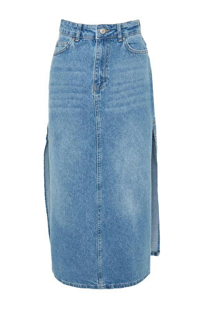 Kadın Moda Stil Maxi Astarsız Denim Yırtmaçlı Yüksek Bel Maxi Denim Etek