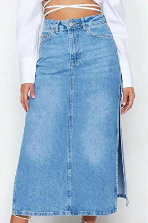 Kadın Moda Stil Maxi Astarsız Denim Yırtmaçlı Yüksek Bel Maxi Denim Etek