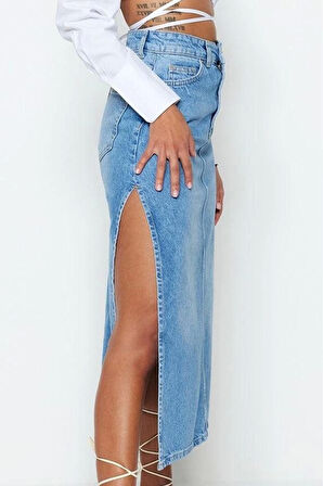 Kadın Moda Stil Maxi Astarsız Denim Yırtmaçlı Yüksek Bel Maxi Denim Etek