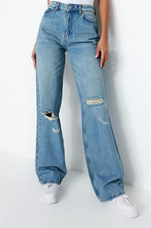 Kadın Moda Şık Kot Pantolon Geniş Paça Regular Boy Denim Vintage Yırtık Detaylı Düşük Bel Jeans