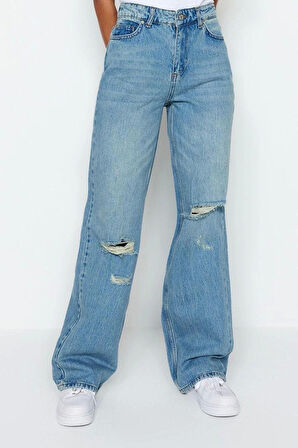 Kadın Moda Şık Kot Pantolon Geniş Paça Regular Boy Denim Vintage Yırtık Detaylı Düşük Bel Jeans