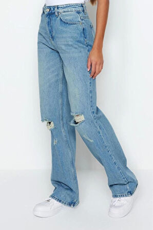 Kadın Moda Şık Kot Pantolon Geniş Paça Regular Boy Denim Vintage Yırtık Detaylı Düşük Bel Jeans