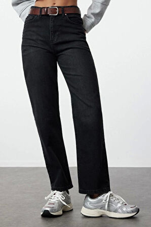 Kadın Moda Şık Kot Pantolon Boru Paça Regular Boy Denim Yüksek Bel Straight Jeans