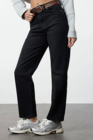 Kadın Moda Şık Kot Pantolon Boru Paça Regular Boy Denim Yüksek Bel Straight Jeans