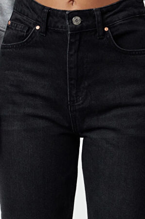 Kadın Moda Şık Kot Pantolon Boru Paça Regular Boy Denim Yüksek Bel Straight Jeans