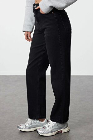 Kadın Moda Şık Kot Pantolon Boru Paça Regular Boy Denim Yüksek Bel Straight Jeans