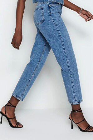 Kadın Moda Şık Kot Pantolon Boru Paça Regular Boy Denim Yüksek Bel Straight Jeans