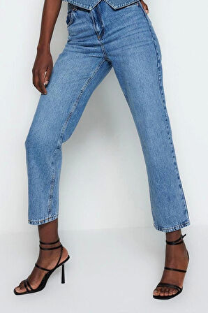 Kadın Moda Şık Kot Pantolon Boru Paça Regular Boy Denim Yüksek Bel Straight Jeans