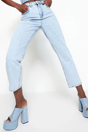 Kadın Moda Şık Kot Pantolon Boru Paça Regular Boy Denim Yüksek Bel Straight Jeans