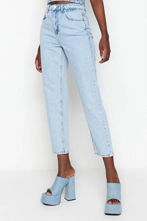 Kadın Moda Şık Kot Pantolon Boru Paça Regular Boy Denim Yüksek Bel Straight Jeans