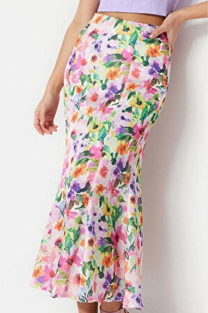 Kadın Moda Stil Maxi Astarlı Dokuma Çiçek Desenli Maxi Boy Dokuma Etek