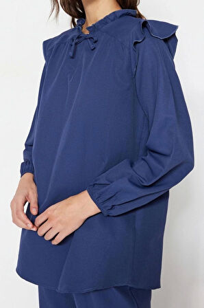Kadın Moda Şık Lastikli Paça Regular Boy Uzun Kollu Denim Görünümlü Tunik-Pantolon Takım