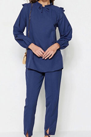 Kadın Moda Şık Lastikli Paça Regular Boy Uzun Kollu Denim Görünümlü Tunik-Pantolon Takım
