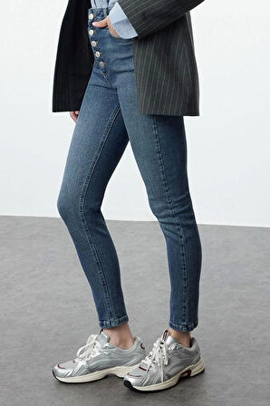 Kadın Moda Şık Kot Pantolon Dar Paça Regular Boy Denim Önden Düğmeli Yüksek Bel Skinny Jeans