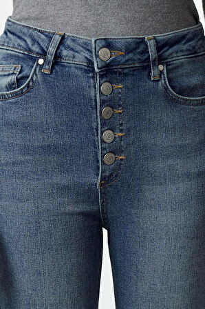 Kadın Moda Şık Kot Pantolon Dar Paça Regular Boy Denim Önden Düğmeli Yüksek Bel Skinny Jeans