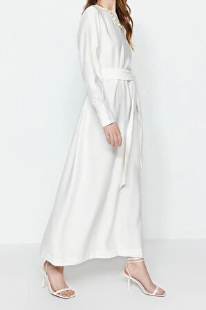 Yeni Regular Günlük Keten Aerobin Dokuma Bisiklet Yaka Uzun Kol Shift Maxi Boy Tesettür Elbise