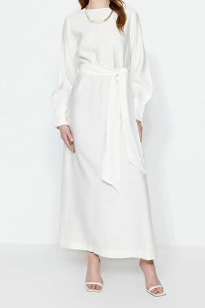 Yeni Regular Günlük Keten Aerobin Dokuma Bisiklet Yaka Uzun Kol Shift Maxi Boy Tesettür Elbise