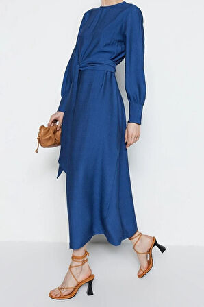 Yeni Regular Günlük Keten Aerobin Dokuma Bisiklet Yaka Uzun Kol Shift Maxi Boy Tesettür Elbise