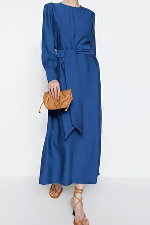 Yeni Regular Günlük Keten Aerobin Dokuma Bisiklet Yaka Uzun Kol Shift Maxi Boy Tesettür Elbise