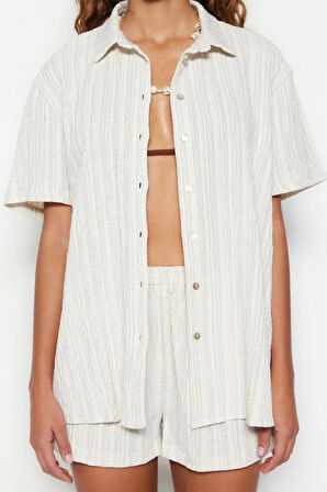 Kadın Moda Şık Regular Kısa Boy Uzun Kollu Dokuma Keten Karışımlı Gömlek Şort Takım