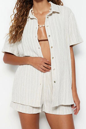Kadın Moda Şık Regular Kısa Boy Uzun Kollu Dokuma Keten Karışımlı Gömlek Şort Takım