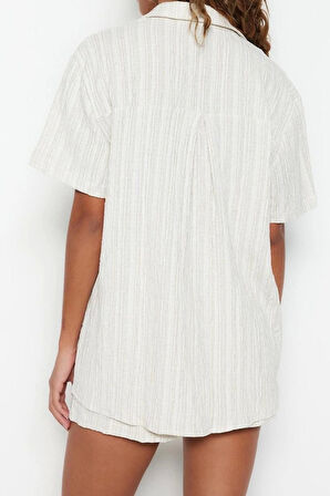 Kadın Moda Şık Regular Kısa Boy Uzun Kollu Dokuma Keten Karışımlı Gömlek Şort Takım