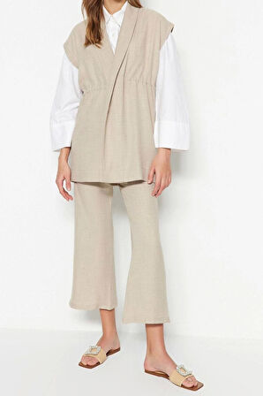 Kadın Moda Şık Boru Paça Kolsuz Krem İçten Bağlamalı Keten Görünümlü Kimono-Pantolon Dokuma Takım