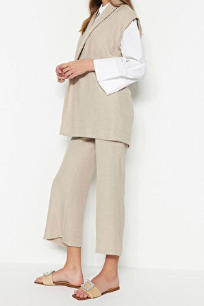 Kadın Moda Şık Boru Paça Kolsuz Krem İçten Bağlamalı Keten Görünümlü Kimono-Pantolon Dokuma Takım