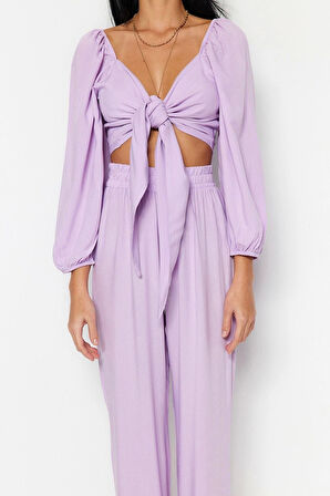 Kadın Moda Şık Regular Uzun Boy Uzun Kollu Yeşil Dokuma Bağlamalı Bluz Pantolon Takım