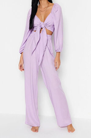 Kadın Moda Şık Regular Uzun Boy Uzun Kollu Yeşil Dokuma Bağlamalı Bluz Pantolon Takım