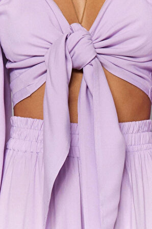 Kadın Moda Şık Regular Uzun Boy Uzun Kollu Yeşil Dokuma Bağlamalı Bluz Pantolon Takım