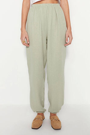 Kadın Yeni Moda Lastikli Paça Uzun Boy Dokuma Jogger Muslin Pantolon