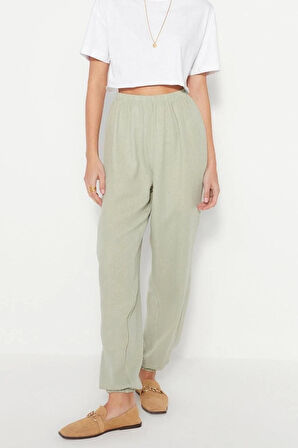 Kadın Yeni Moda Lastikli Paça Uzun Boy Dokuma Jogger Muslin Pantolon